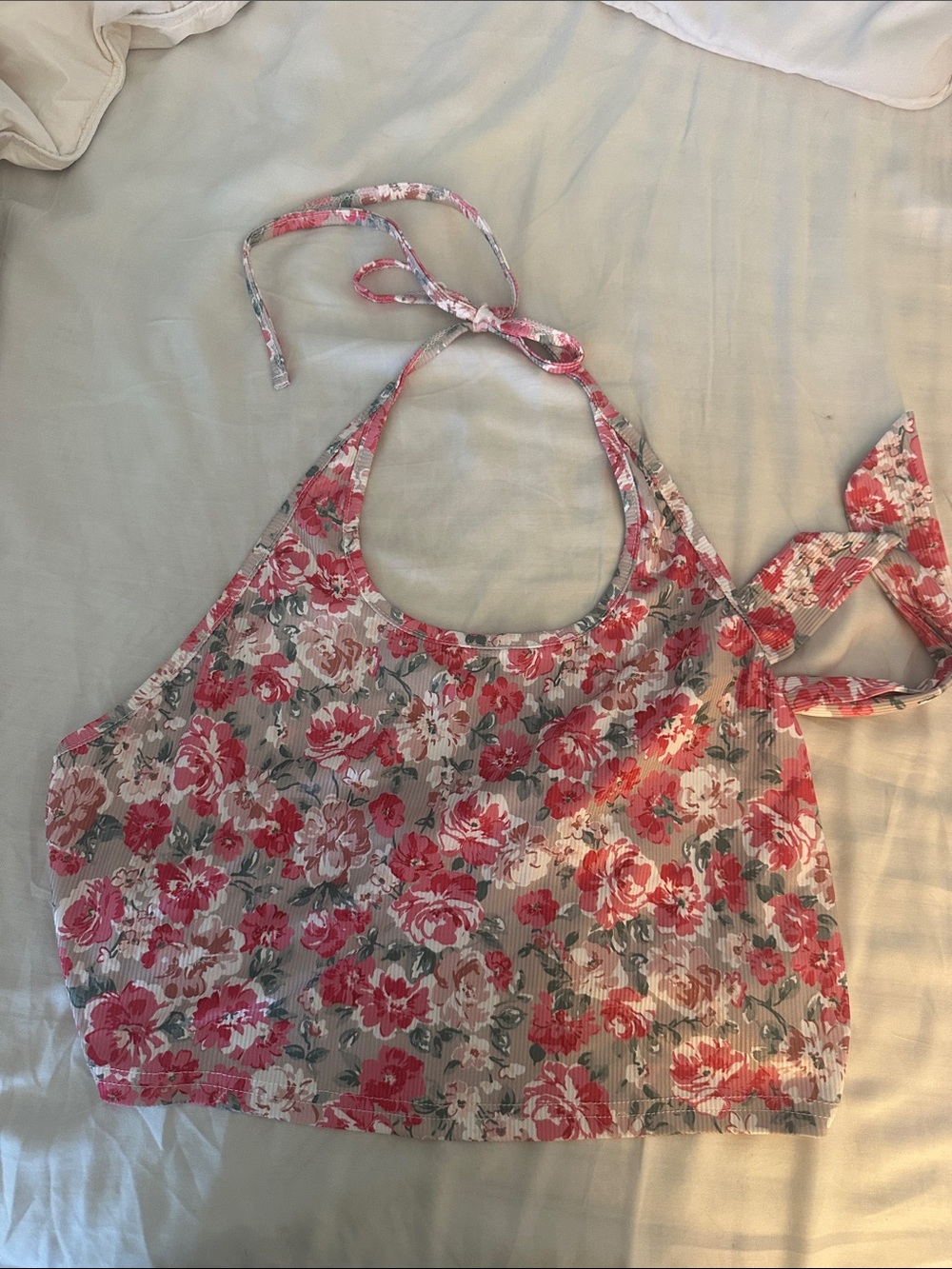 SHEIN Pink and Cream Floral Halter Crop Top